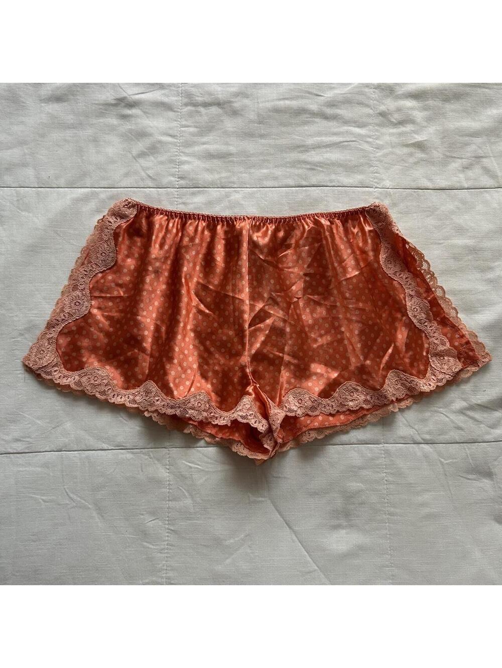 Orange Polka Dot Satin Lace Lounge Shorts Scalloped Trim Coquette Romantic